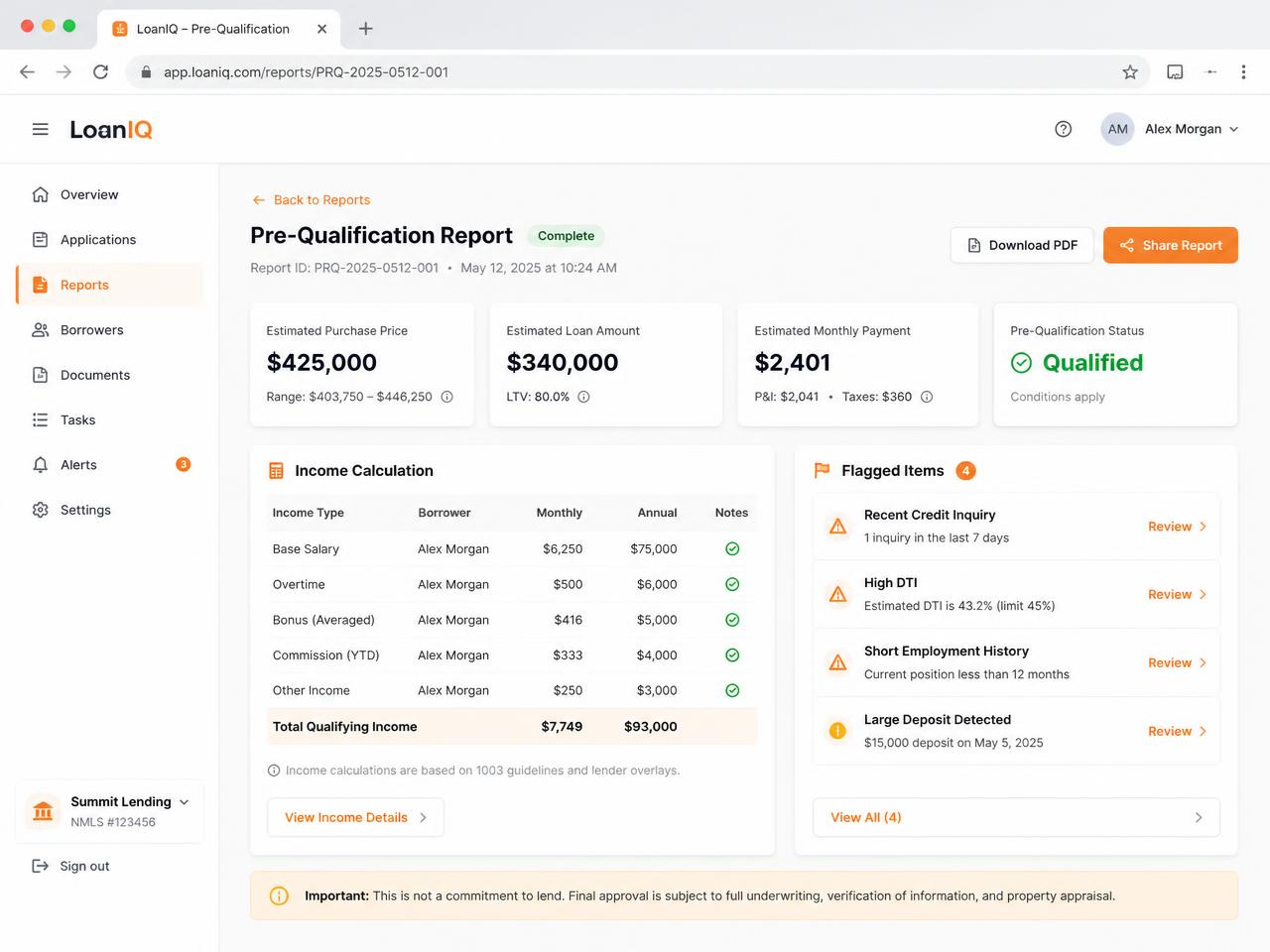 Placeholder Smart LOA app screen: borrower follow-up messages